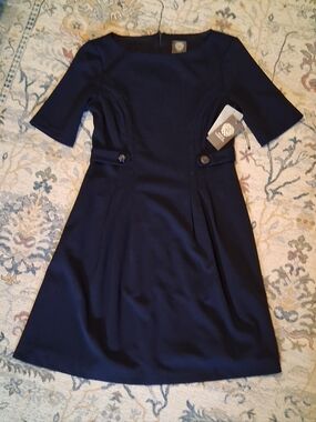 Vince Camuto Navy Midi A-Line Dress with Waist Tabs